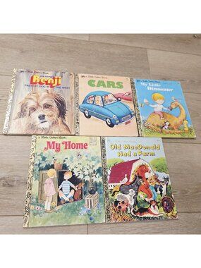 5 Vtg Little Golden Books Benji Cars My Little Dinosaur Old Macdonald My Home